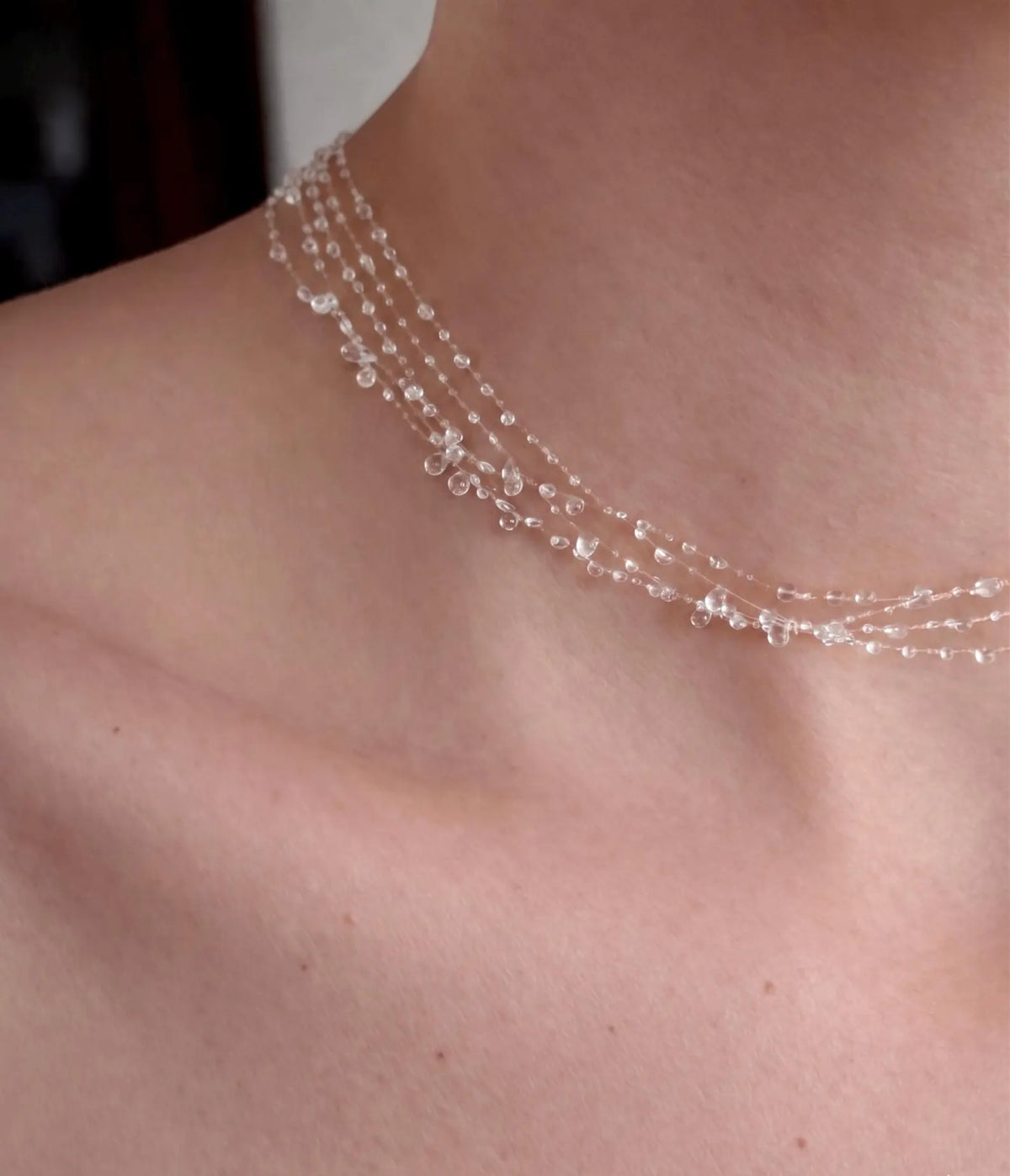 "Handmade"Crystal Rainfall Layered Necklace – Delicate Transparent Dewdrop Necklace