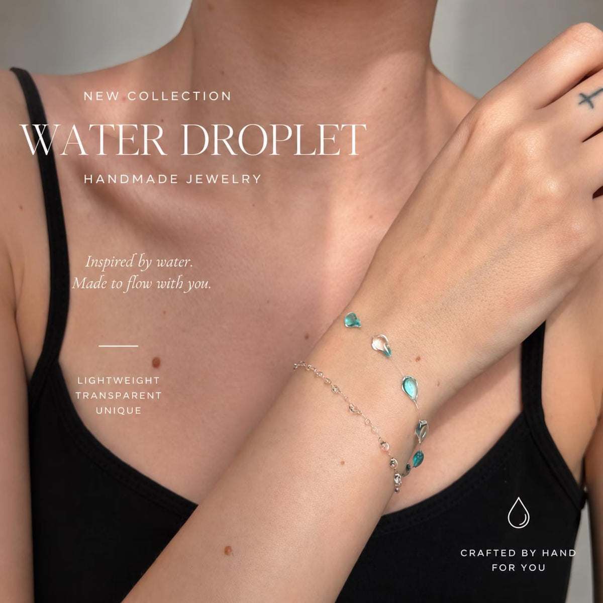 "Handmade"Aqua Crystal Dewdrop Bracelet – Delicate Blue & Clear Beaded Charm Bracelet