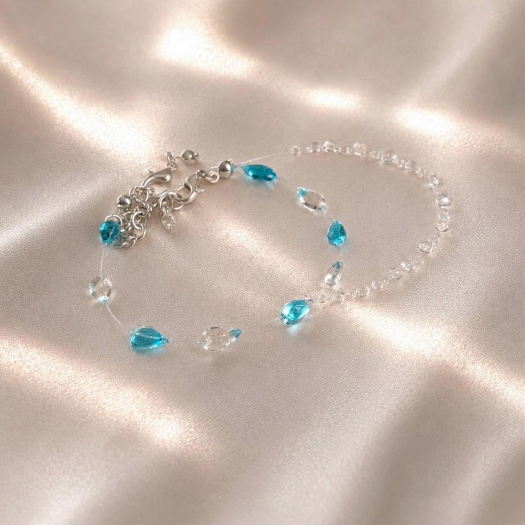 "Handmade"Aqua Crystal Dewdrop Bracelet – Delicate Blue & Clear Beaded Charm Bracelet