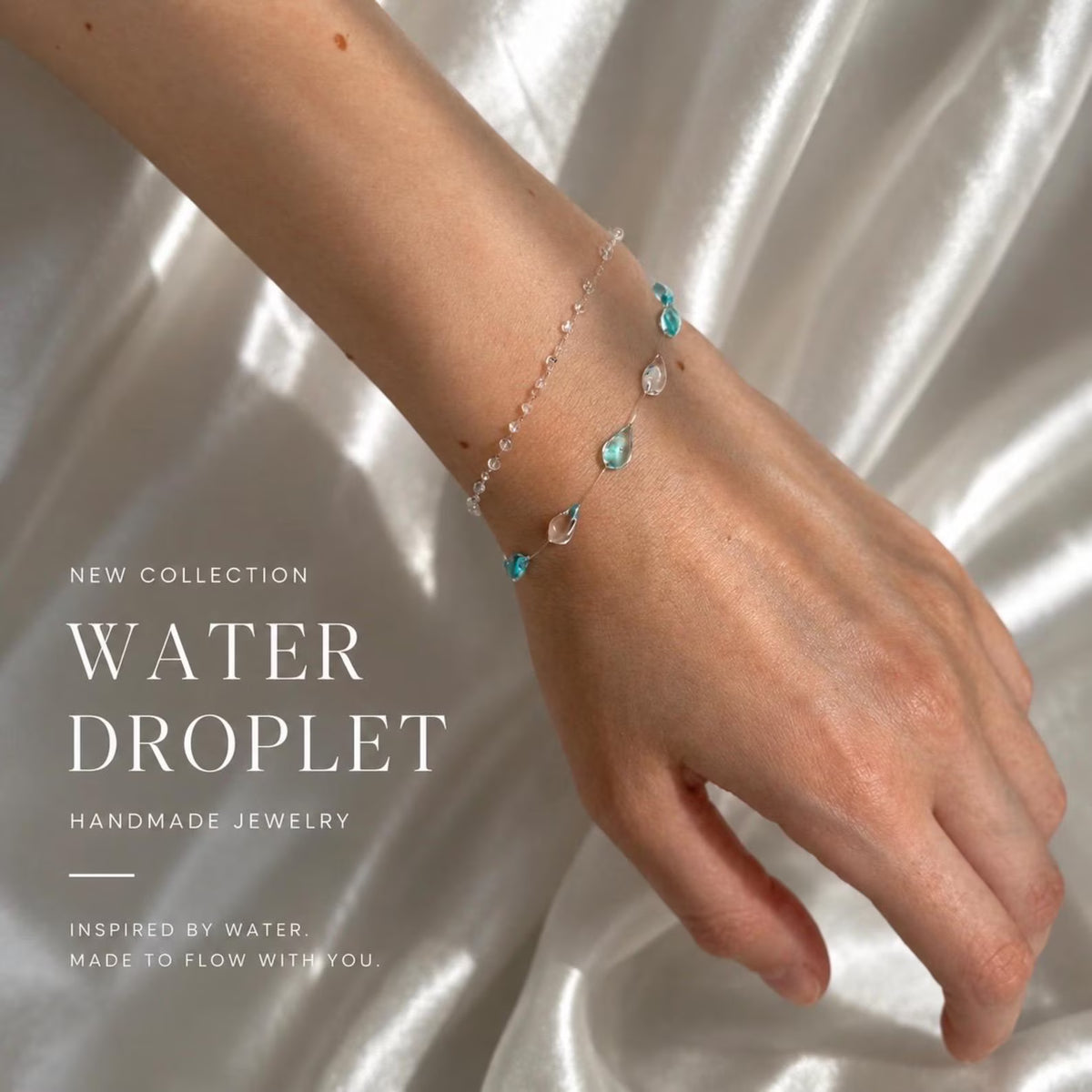 "Handmade"Aqua Crystal Dewdrop Bracelet – Delicate Blue & Clear Beaded Charm Bracelet