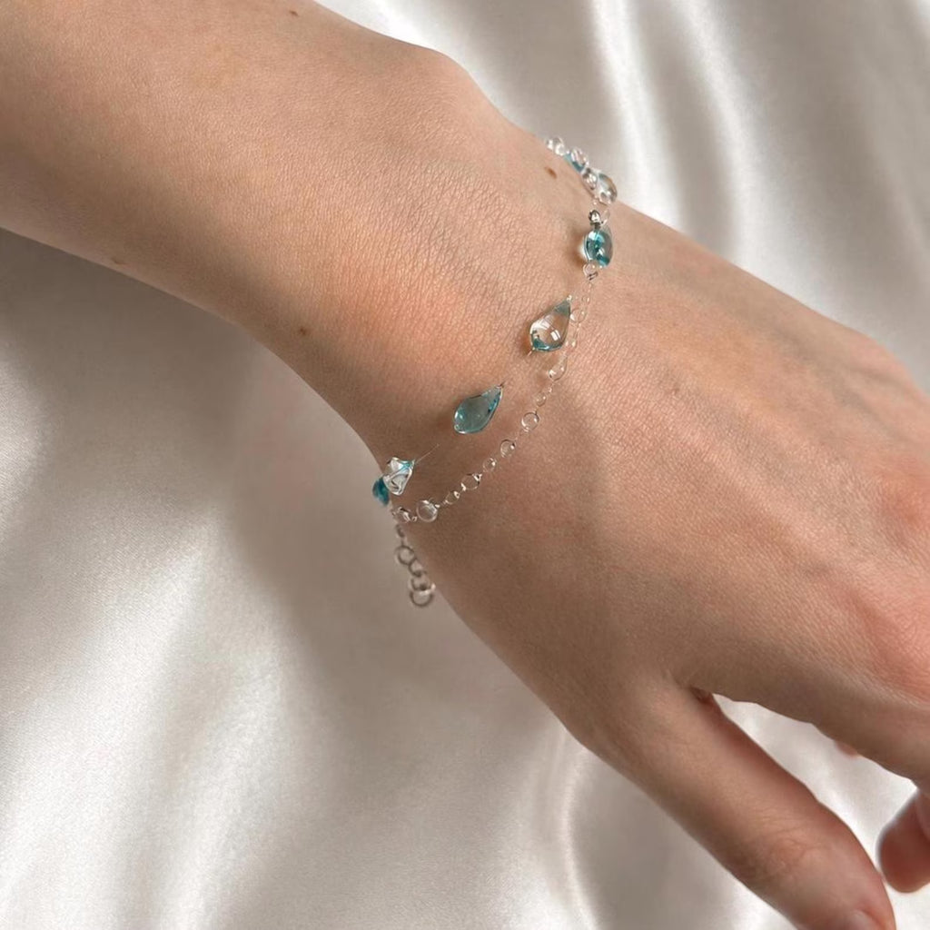 "Handmade"Aqua Crystal Dewdrop Bracelet – Delicate Blue & Clear Beaded Charm Bracelet