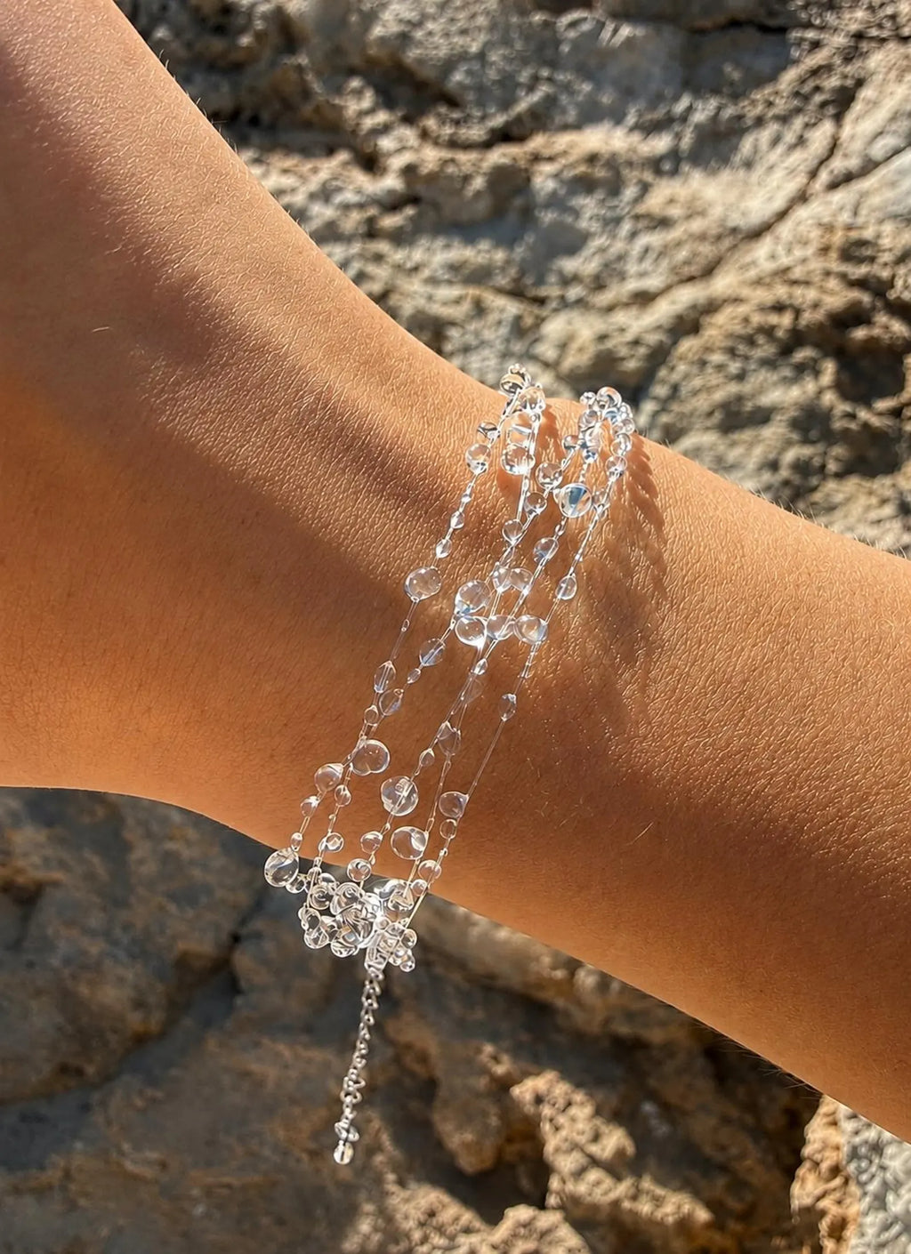 "Handmade"Crystal Dewdrop Elegance Bracelet – Delicate Silver-Tone Beaded Chain Bracelet