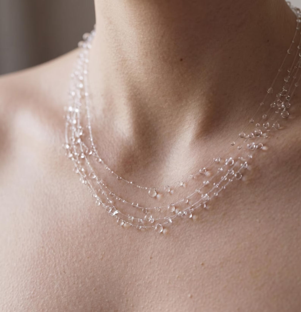 "Handmade"Crystal Rainfall Layered Necklace – Delicate Transparent Dewdrop Necklace