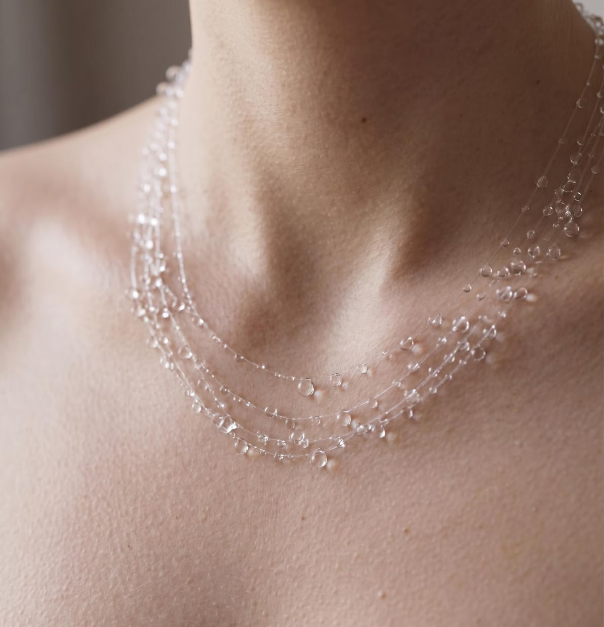 "Handmade"Crystal Rainfall Layered Necklace – Delicate Transparent Dewdrop Necklace
