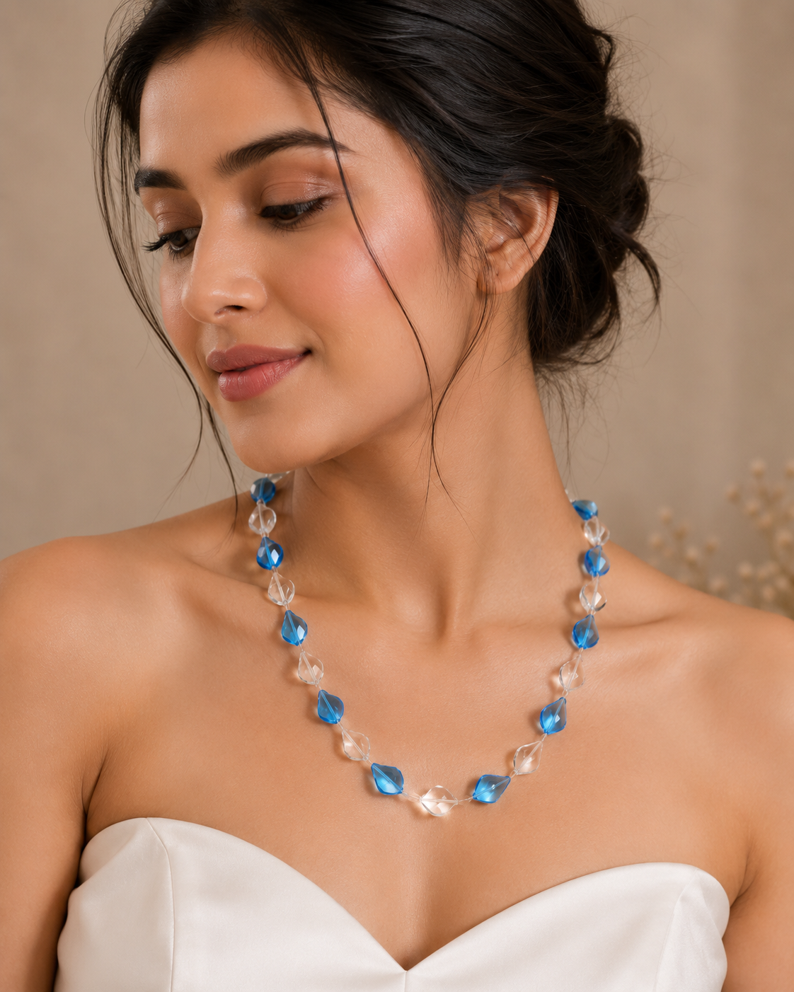 "Handmade"Blue Crystal Raindrop Necklace – Elegant Teardrop Beaded Jewelry