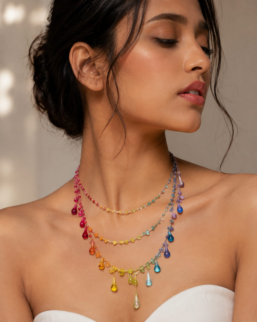 "Handmade"Rainbow Cascade Resin Statement Necklace