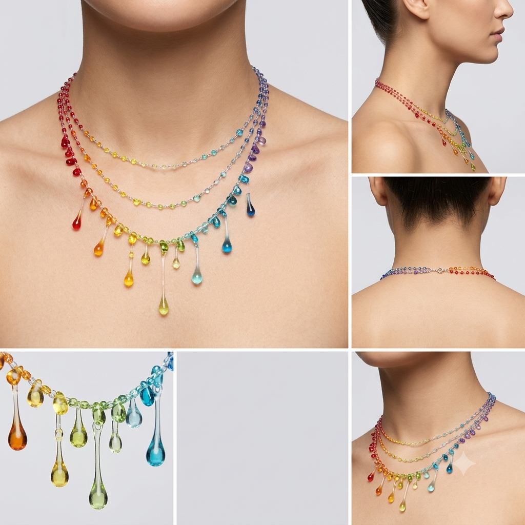 "Handmade"Rainbow Cascade Resin Statement Necklace