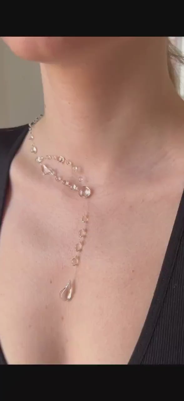 "Handmade"Crystal Rainfall Drop Necklace – Delicate Clear Beaded Y-Style Necklace