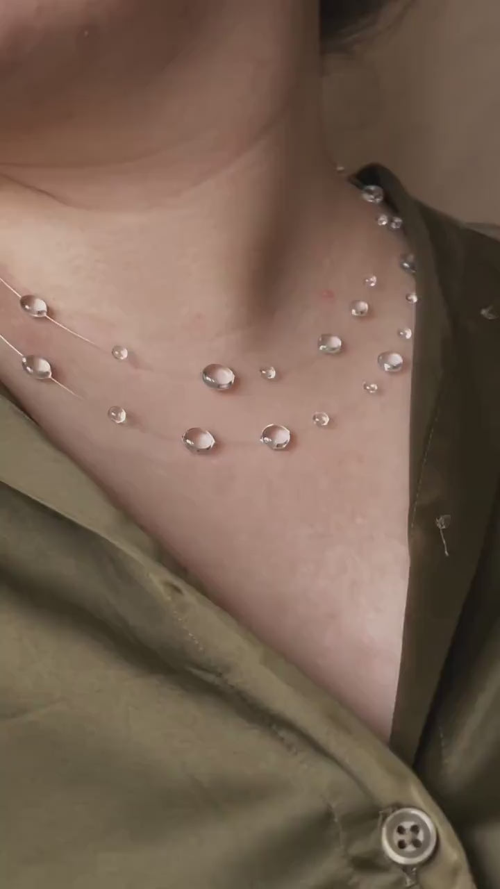 "Handmade"Crystal Dewdrop Double-Layer Necklace – Delicate Clear Raindrop Layered Necklace